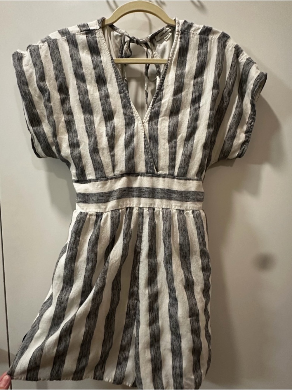 American Eagle Outfitters Striped V-Neck Romper in White and Gray